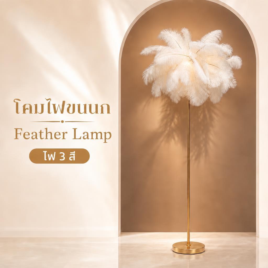 โคมไฟขนนกสไตล์ฝรั่งเศส 130/160ซม. สีขาว/ชมพู แสงนุ่ม 3 สี สำหรับแต่งห้อง ถ่ายรูป ไลฟ์สด