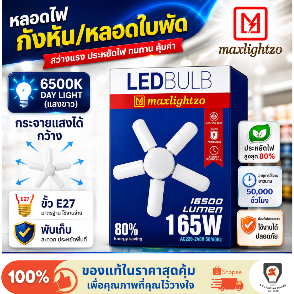 Maxlightzo หลอดไฟ หลอดใบพัด กังหัน ตลาด ตลาดนัด LED Fan Blade 165W ขั้ว E27 แสงขาว Daylight 6500K
