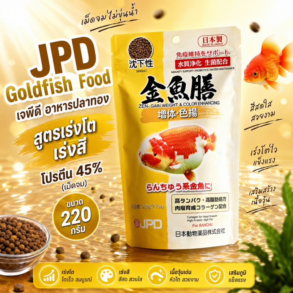 JPD Zen Gain อาหารปลาทอง (สีเหลือง) สูตรเร่งโต เร่งสี โปรตีน 45% เม็ดจม 220 กรัม