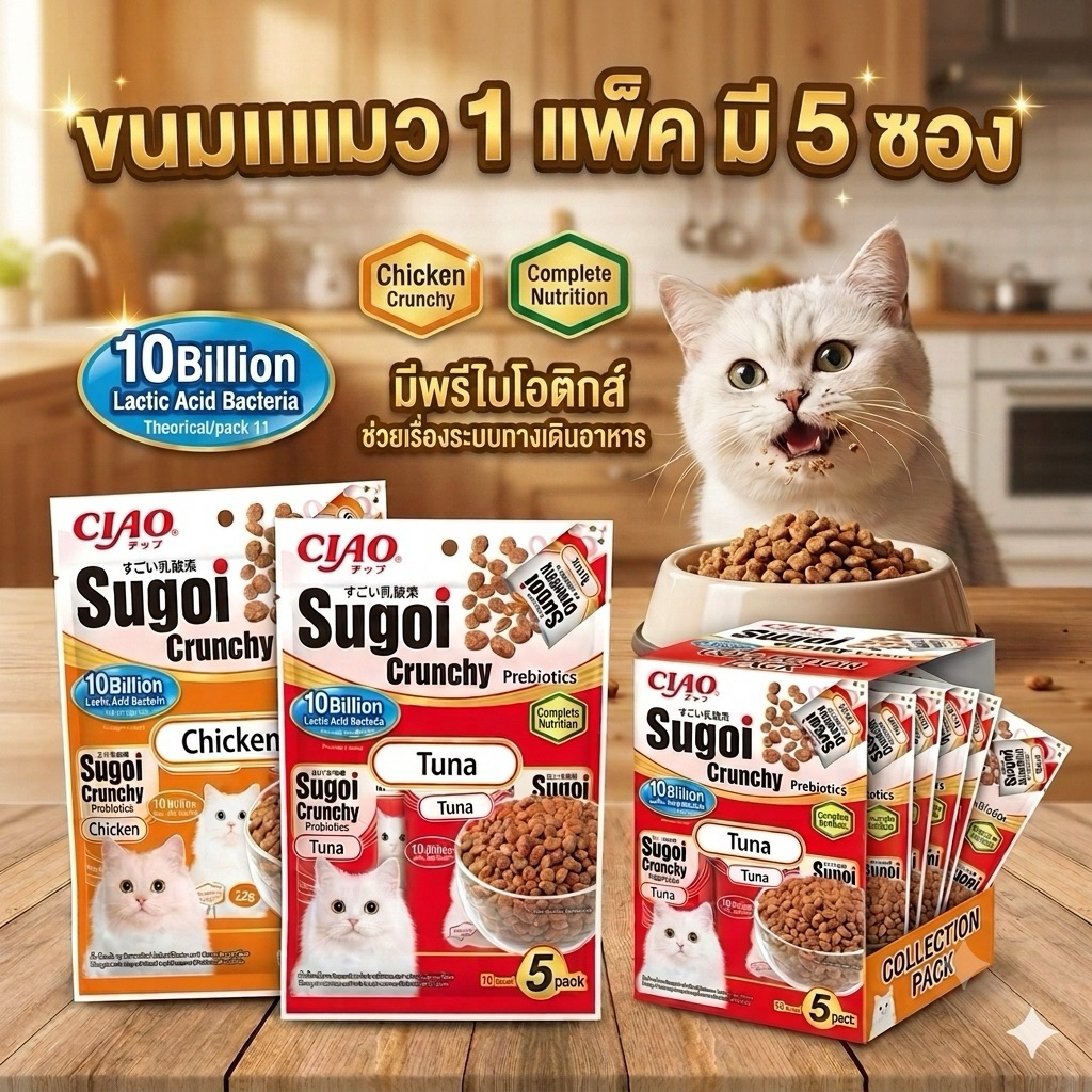 อาหารแมว มีโปรไบโอติกส์ บำรุงลำใส้ ขนเงางาม CIAO Sugoi Crunchy แพ็ค5ซอง
