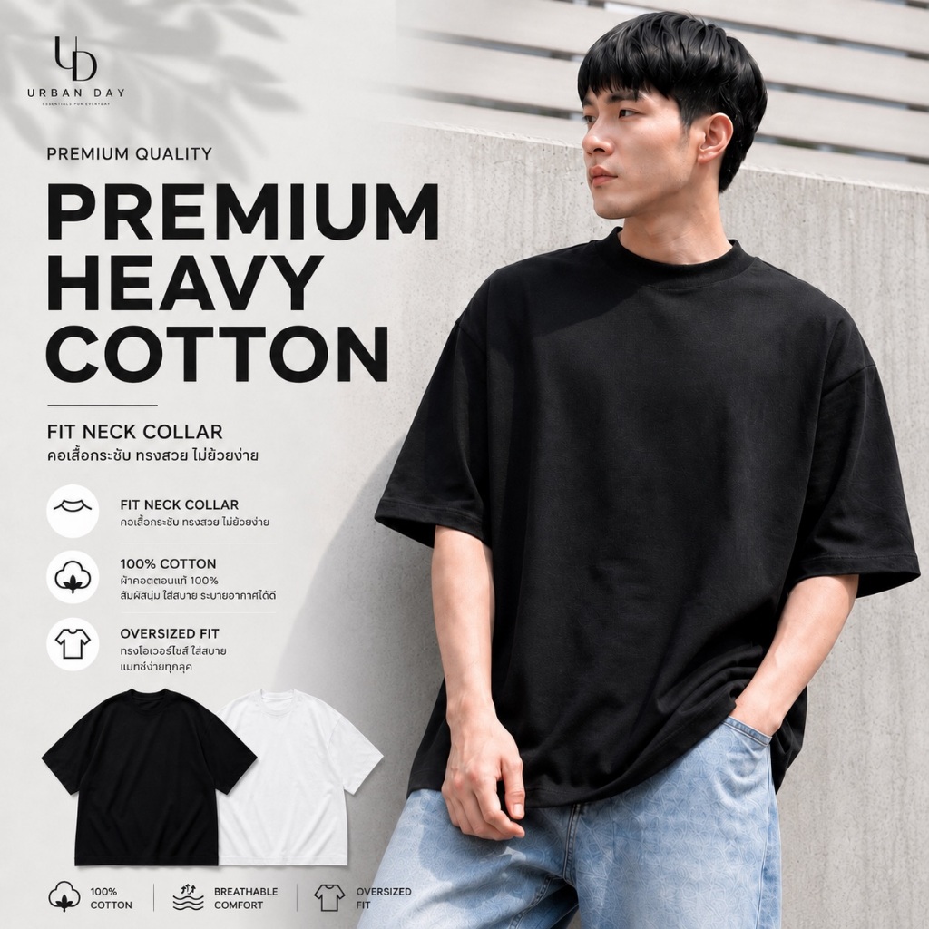 URBAN DAY เสื้อยืด Oversize Premium Heavy Cotton 100% Cotton คอเสื้อฟิต ทรงโอเวอร์ไซส์ Unisex