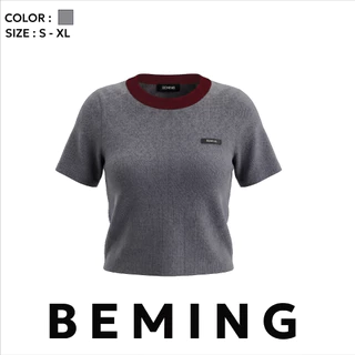 Bemingtop1218(S-XL)-Knit Contrast Tee - เสื้อไหมพรมแขนสั้นดีไซน์คอตัดสี