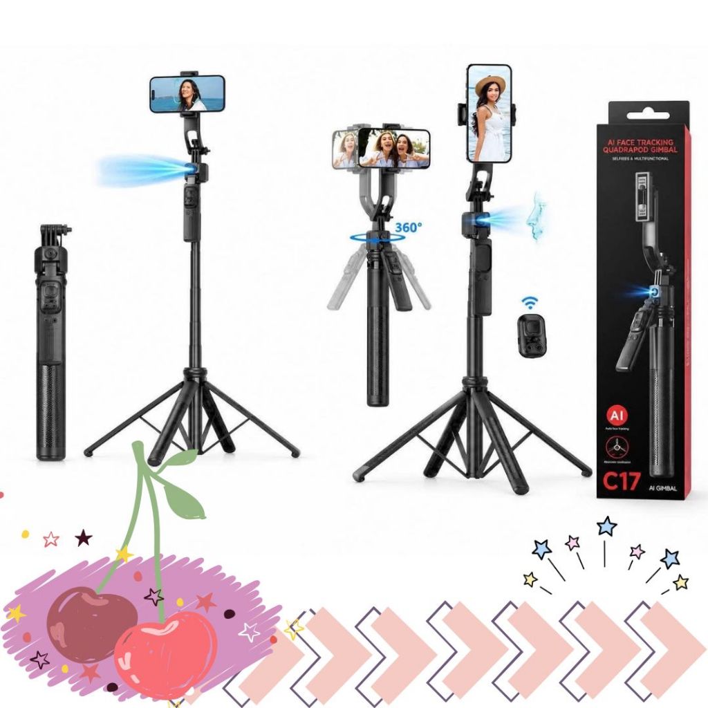 พร้อมส่งจากไทย AI GIMBAL C17 Face Tracking Tripod ไม้เซลฟี่อัจฉริยะแบบ 3in1 ระบบหมุนติดตาม AI (AI Fa