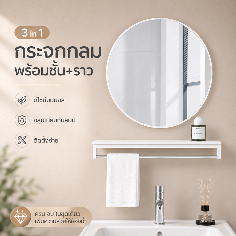 กระจกห้องน้ำติดผนัง ทรงกลม กรอบอะลูมิเนียม ดีไซน์มินิมอล มี 3 แบบ ขนาด 40cm 50cm