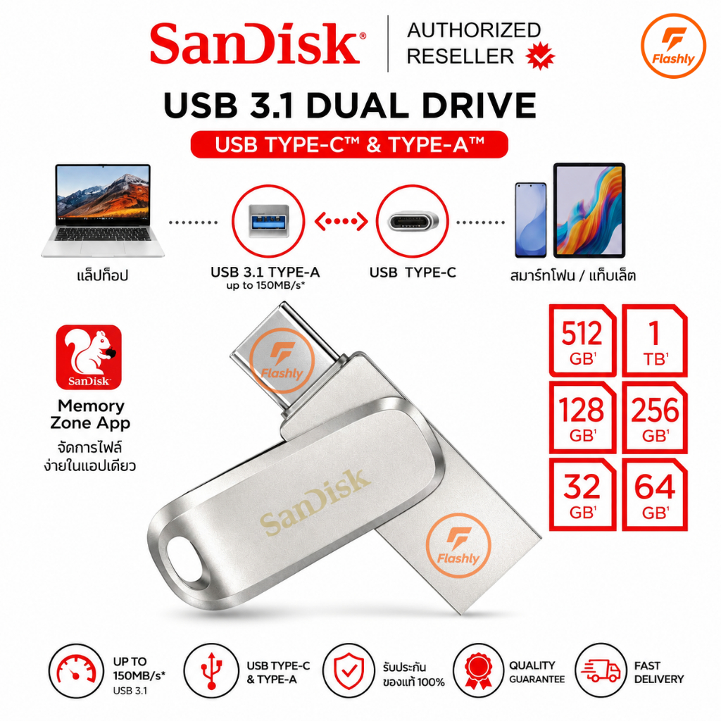 (ส่งด่วน) SanDisk Ultra Dual Drive Luxe USB Type-C 32GB 64GB 128GB 256GB (SDDDC4) แฟลชไดรฟ์ Flashdrive iPadPro