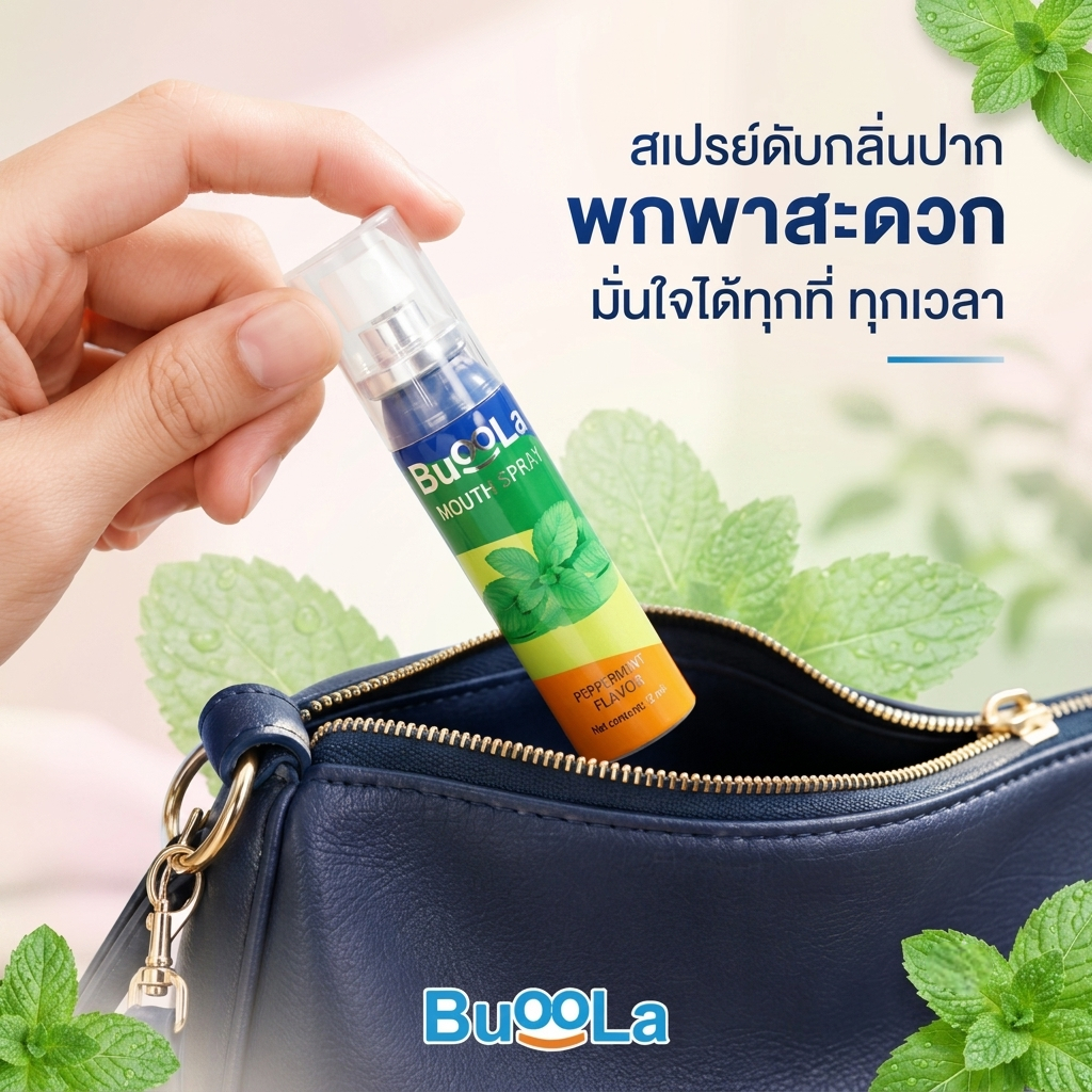BUOOLA สเปรย์ระงับกลิ่นปาก ขนาดพกพา เย็นสดชื่น ใช้งานง่าย สำหรับพกติดตัวไปทำงาน เรียน หรือพบปะผู้คน