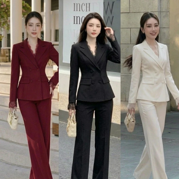 H408 (เสื้อ+กางเกง) ชุดสูททำงานผู้หญิง ทรงเข้ารูป กางเกงขากว้าง สไตล์ Old Money
