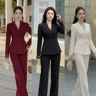 H408 (เสื้อ+กางเกง) ชุดสูททำงานผู้หญิง ทรงเข้ารูป กางเกงขากว้าง สไตล์ Old Money