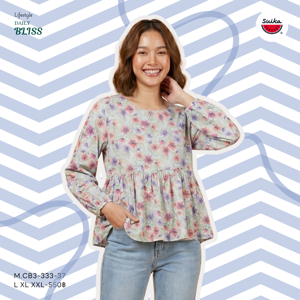 เสื้อแตงโม (SUIKA) - เสื้อคอปาดแขนทรงพองต่อใต้อกรูดจีบหน้า-หลัง แขนสามส่วน (M.CBF3-153 333) — صورة 4