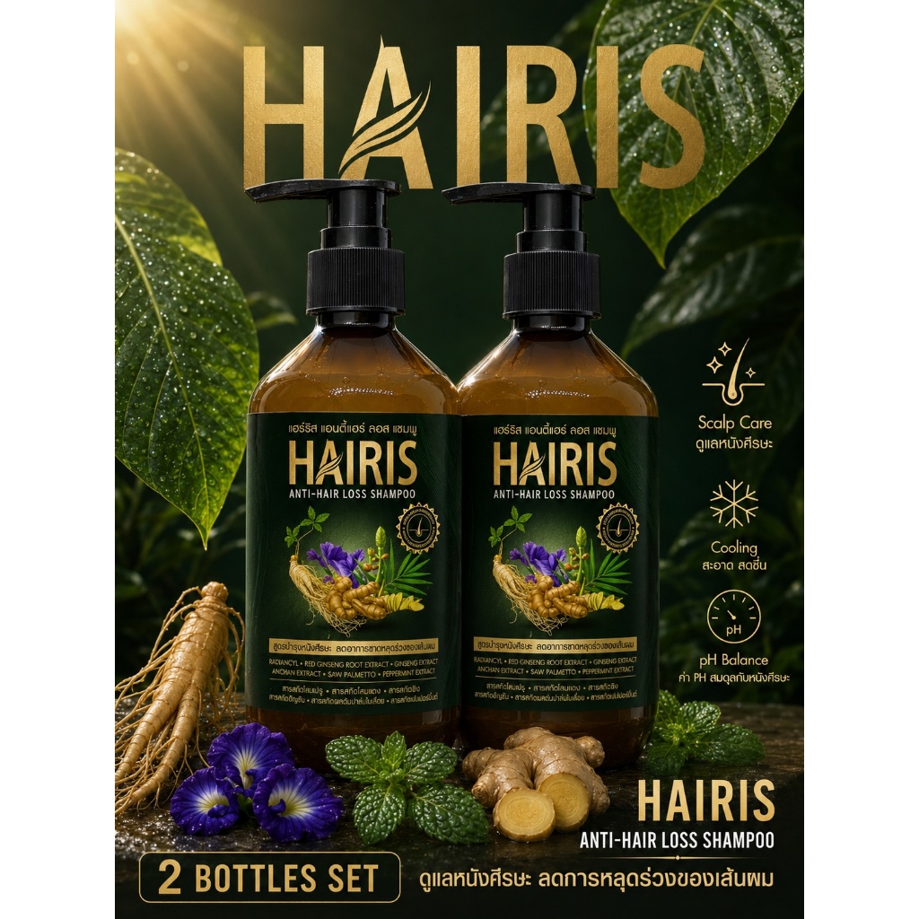 Hairis Anti-Hair Loss Shampoo แชมพูลดผมร่วง ดูแลหนังศีรษะ สูตรเย็นสดชื่น 280ml (2 ขวด)