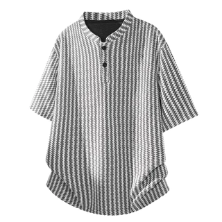 PROMAN เสื้อผู้ชายลายปลากระดูก สไตล์เกาหลี ผ้าบางระบายอากาศดี เสื้อแขนสั้นคอเฮนรี่ แฟชั่นใส่ได้หลายชุด ลำลอง ทรงหลวม