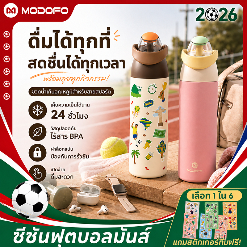 [🎁Free สติกเกอร์ธีมฟุตบอลโลก]MODOFO แก้วเก็บความเย็นใหญ่ 710ml ขวดน้ำมีหลอด 316 กระบอกน้ำเก็บความเย็น สำหรับออกกำลังกาย