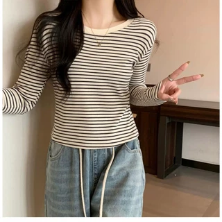 Beryl เสื้อยืดแขนยาวลายทางสำหรับผู้หญิง ดีไซน์เรียบง่าย สไตล์ลำลอง เสื้อคอกลมย้อนยุค ผสานสีสันตัดสี สไตล์เกาหลี จับคู่ได
