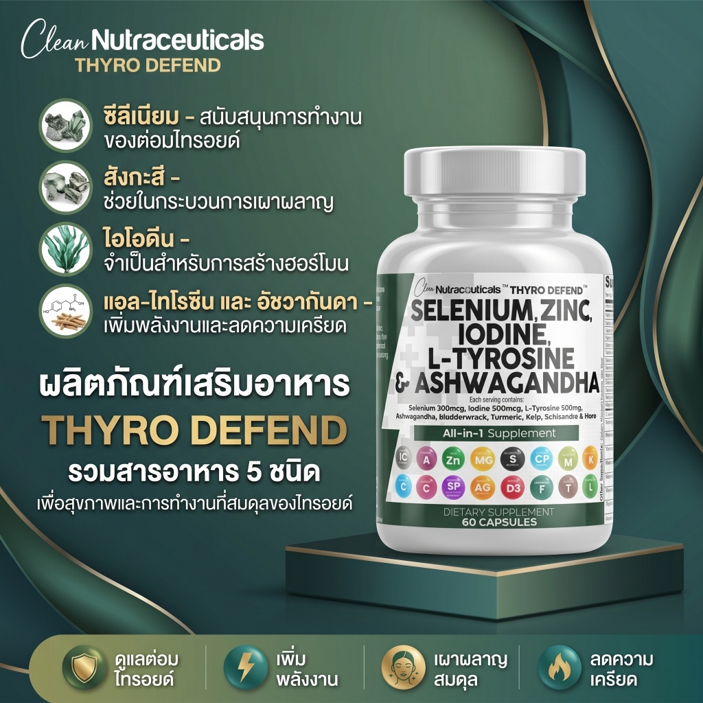 Clean Nutra Thyroid Support มีซีลีเนียม ไอโอดีน L-Tyrosine Ashwagandha สังกะสี สมุนไพรครบ บำรุงต่อมไทรอยด์