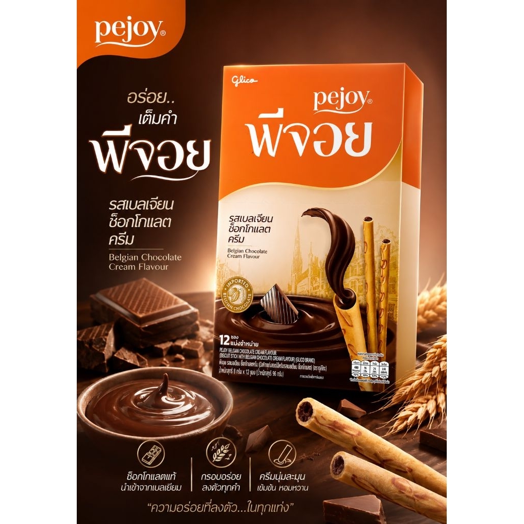 Pejoy พีจอย รสช็อกโกแลตเบลเยียม เข้มข้น 🍫 บิสกิตแท่งสอดไส้ (1 กล่อง 12 ซอง) ขนมยอดฮิต Glico