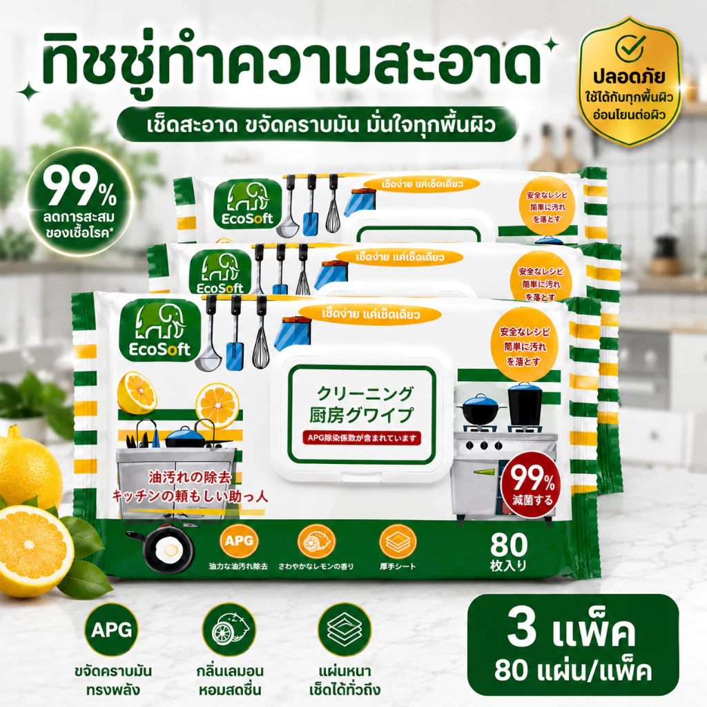 AD159_Shop [คุ้มยกแพ็ก] EcoSoft ทิชชู่เปียกเช็ดครัว สูตรขจัดคราบมัน (ชุด 3 แพ็กสุดคุ้ม) 80แผ่น/1ห่อ