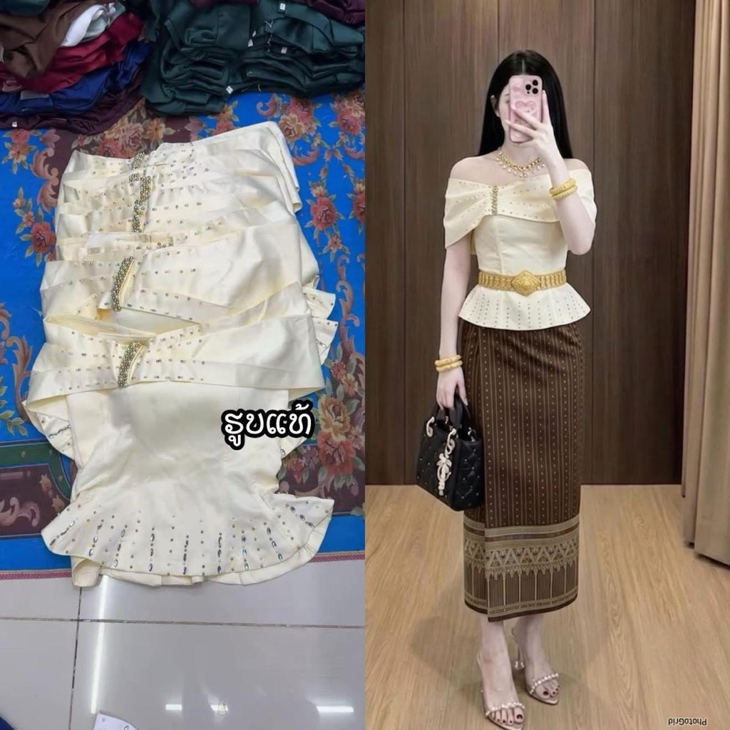 เสื้อใส่ไปวัด เสื้อใส่ไปทำบุญผ้าไหมลาว พร้อมส่งน่า (ได้แต่เสื้อ)
