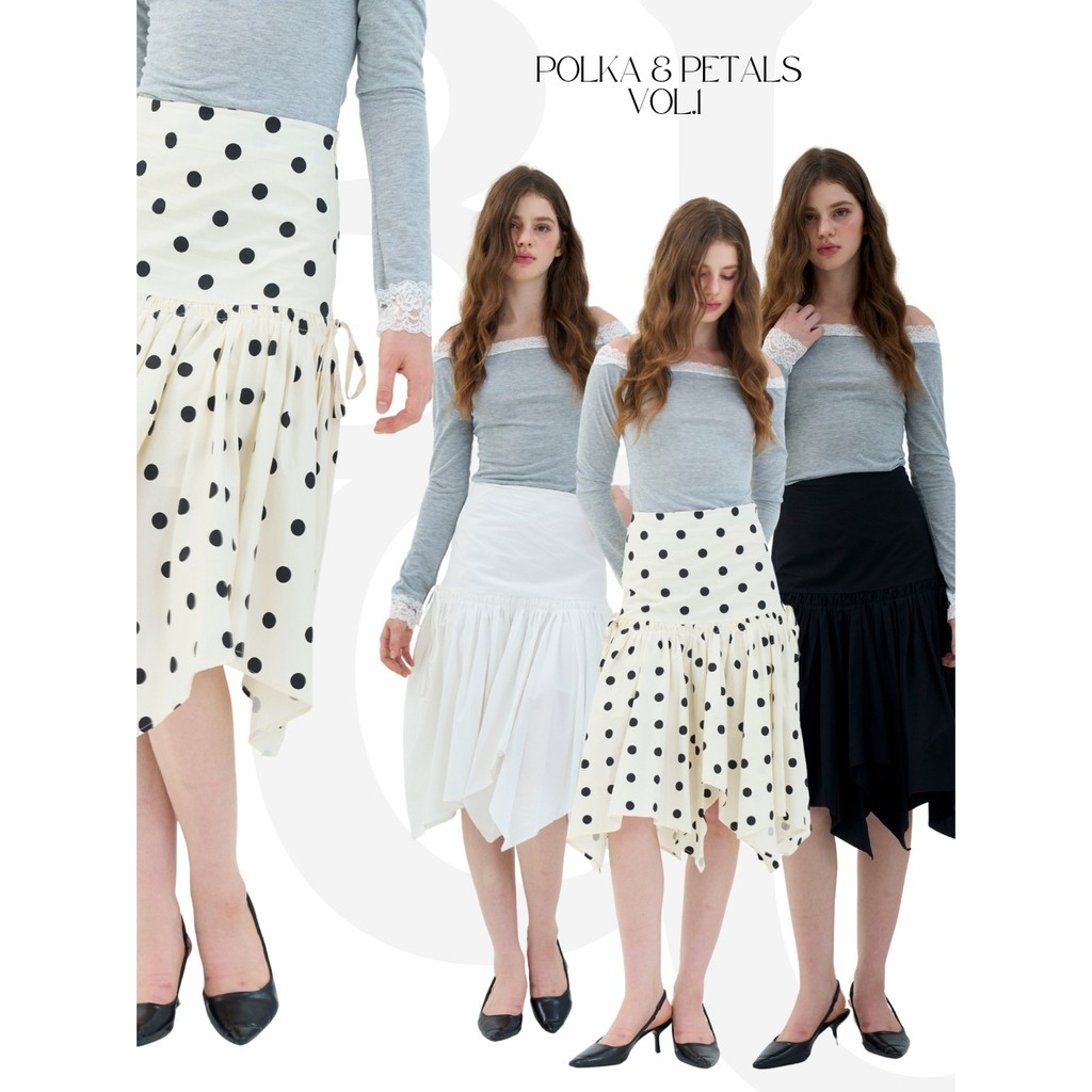 BCS07 Polka & Petals Vol.1 - กระโปรงเอวสูง ทรงชายเฉียง ผ้าคอนตอนผสมผ้าฝ้าย