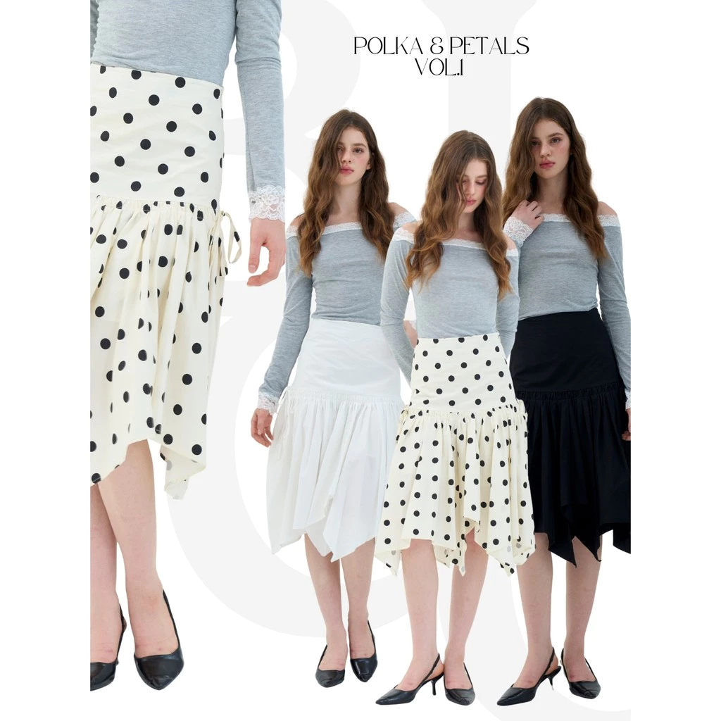 BCS07 Polka & Petals Vol.1 - กระโปรงเอวสูง ทรงชายเฉียง ผ้าคอนตอนผสมผ้าฝ้าย