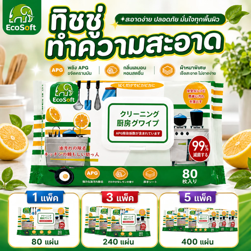 AD159_Shop ผ้าเช็ดทำความสะอาดห้องครัว ทิชชู่เปียกขจัดคราบมัน สูตรขจัดคราบหนัก ฆ่าเชื้อแบคทีเรีย 99%