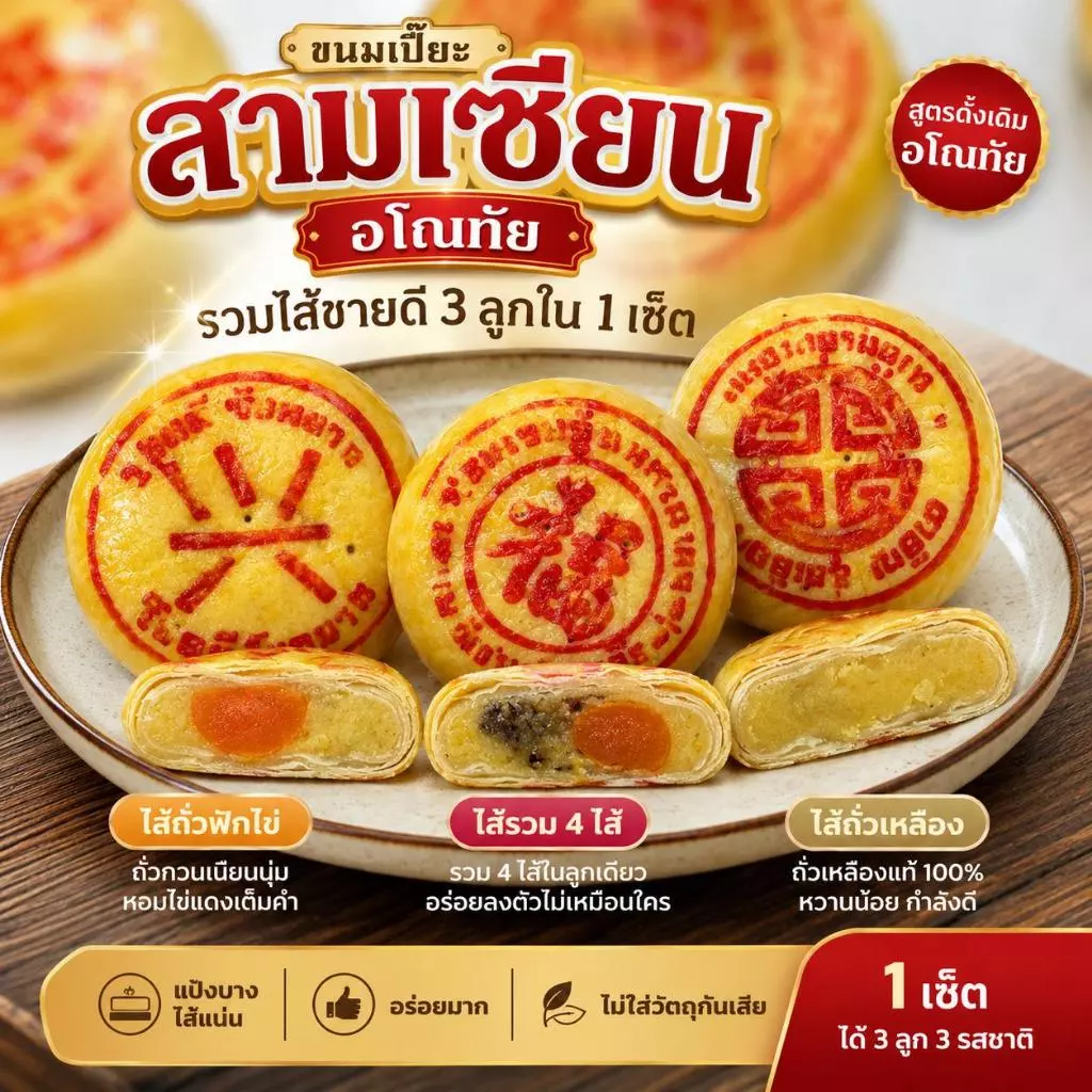 สามเซียนขนมเปี๊ยะอโณทัย รวมไส้ขายดี 3 ลูกใน 1 เซ็ต (ไส้รวม4ไส้,ไส้ถั่วฟักไข่,ไส้ถั่วเหลือง) แป้งบาง ไส้แน่น อร่อยมาก สูต