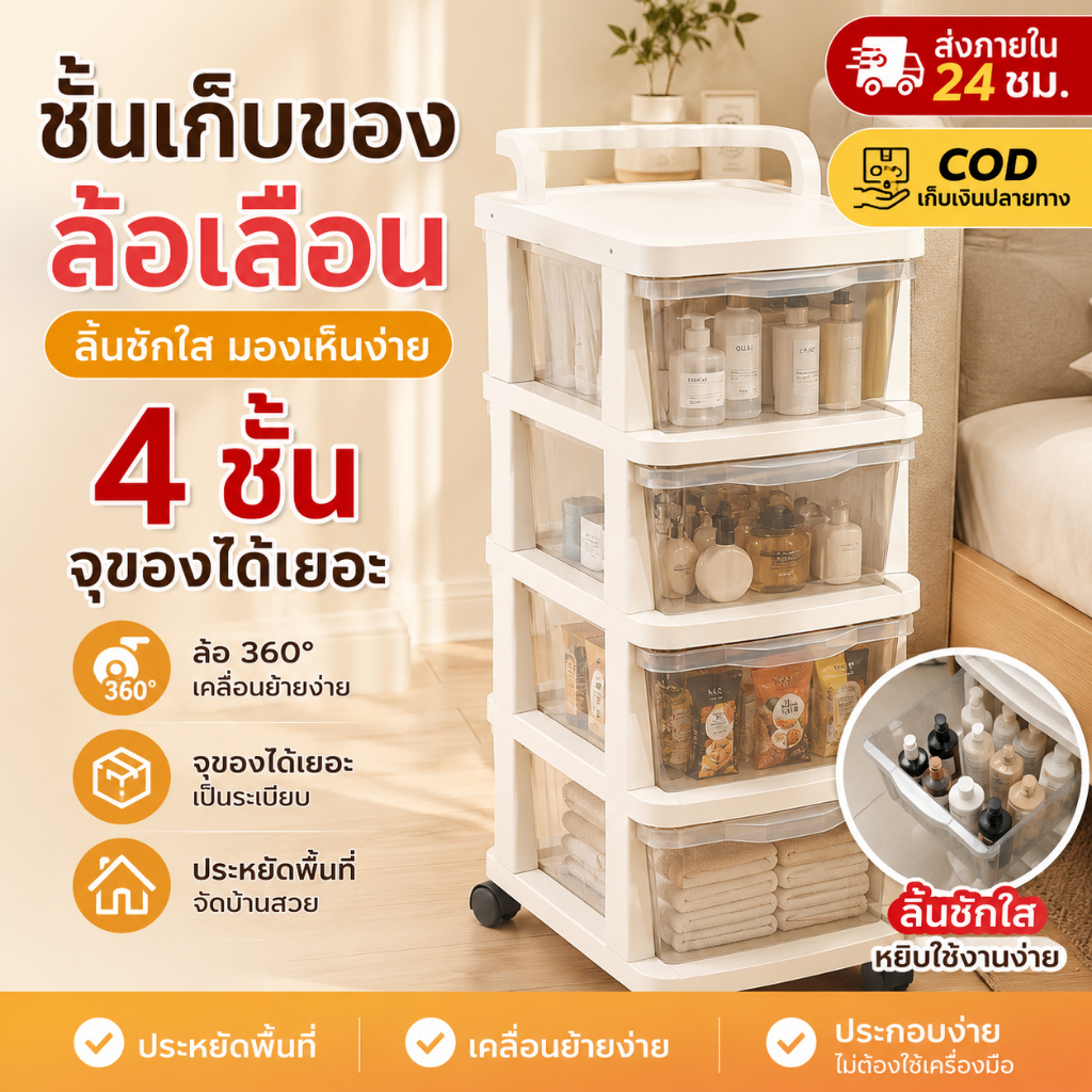 ชั้นวางของล้อเลื่อนมีลิ้นชัก หลายชั้น รถเข็นเก็บของอเนกประสงค์ สีครีม ชั้นเก็บของในห้องนอน ห้องนั่งเล่น เก็บขนม ของเล่น