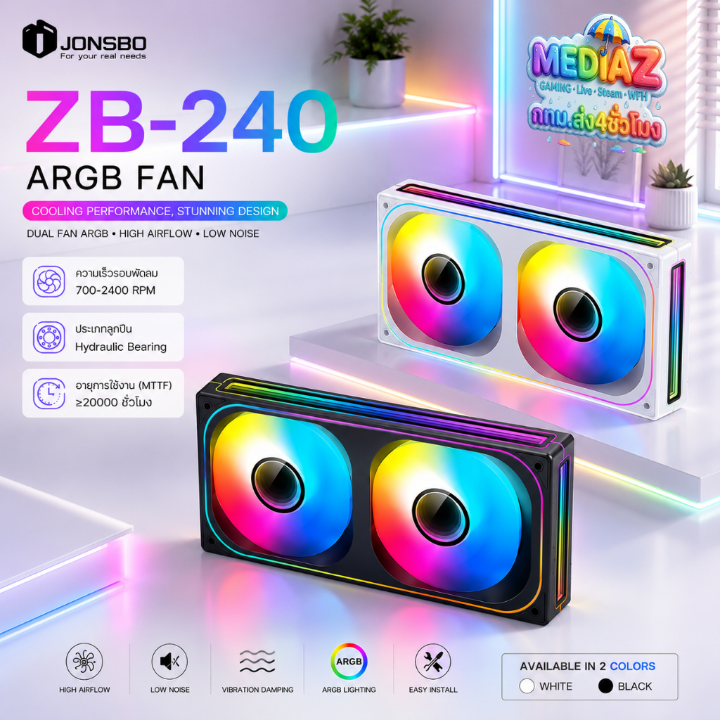ส่งทันที พัดลม ซ่อนสาย ไฟ8ตำแหน่ง+ สีดำ ขาว 2ตอน แพค Jonsbo Fan ZB-240 mm pwm argb MediaZShop