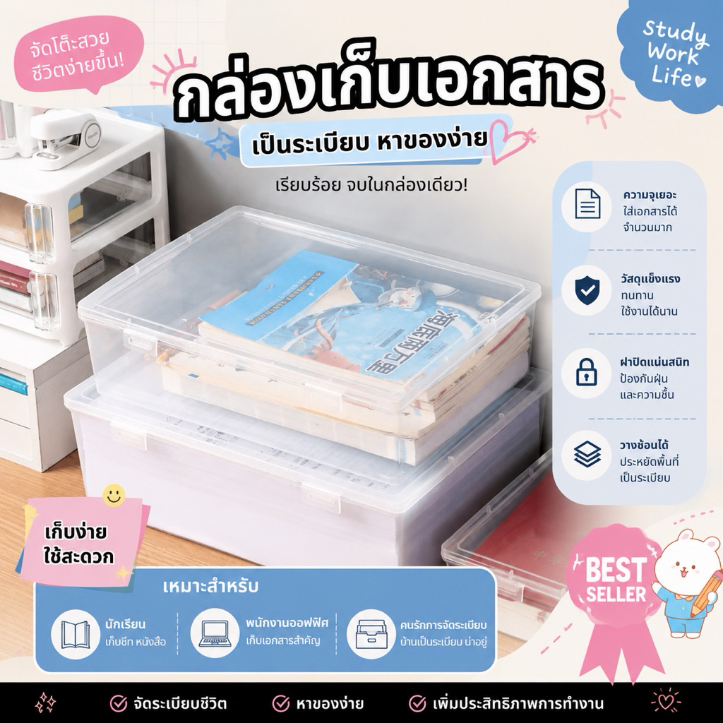 กล่องใส่เอกสาร A4 / กล่องพลาสติกใส / กล่องเก็บเอกสาร มีฝาปิด 3 ขนาด