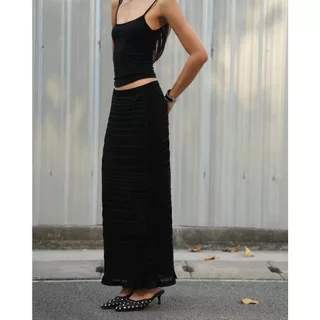 knitCircle - LAGOON Maxi Skirt (5 สี) กระโปรงยาวไหมพรม เอวยางยืด ลายทอย่นทั้งตัว เว้นช่วงกว้างสลับแคบ เนื้อผ้าโปร่ง