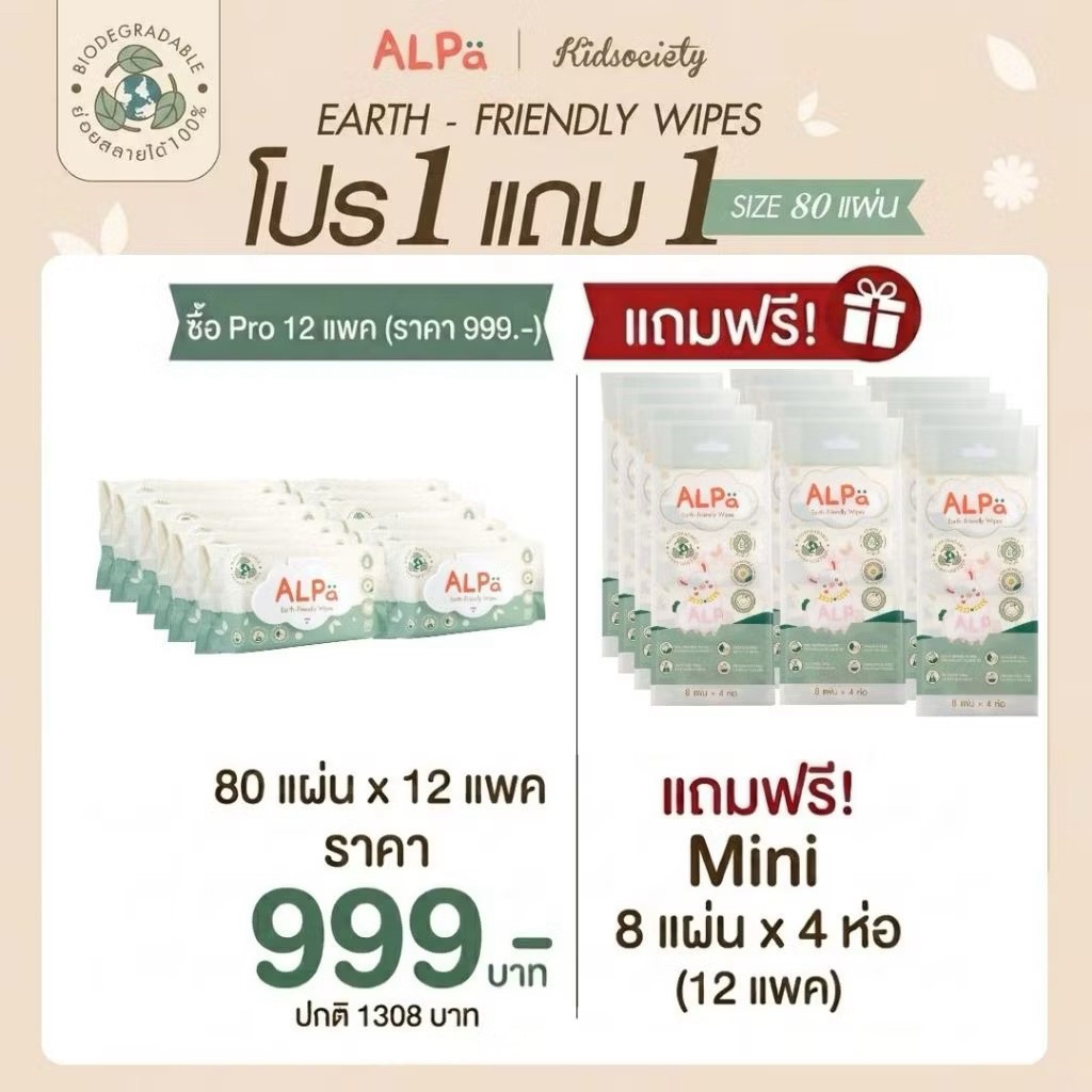 (ยกลัง) ALPa Earth-Friendly Wipes  ผ้าเปียกย่อยสลายได้ ขนาด 80 แผ่น by Kidsociety