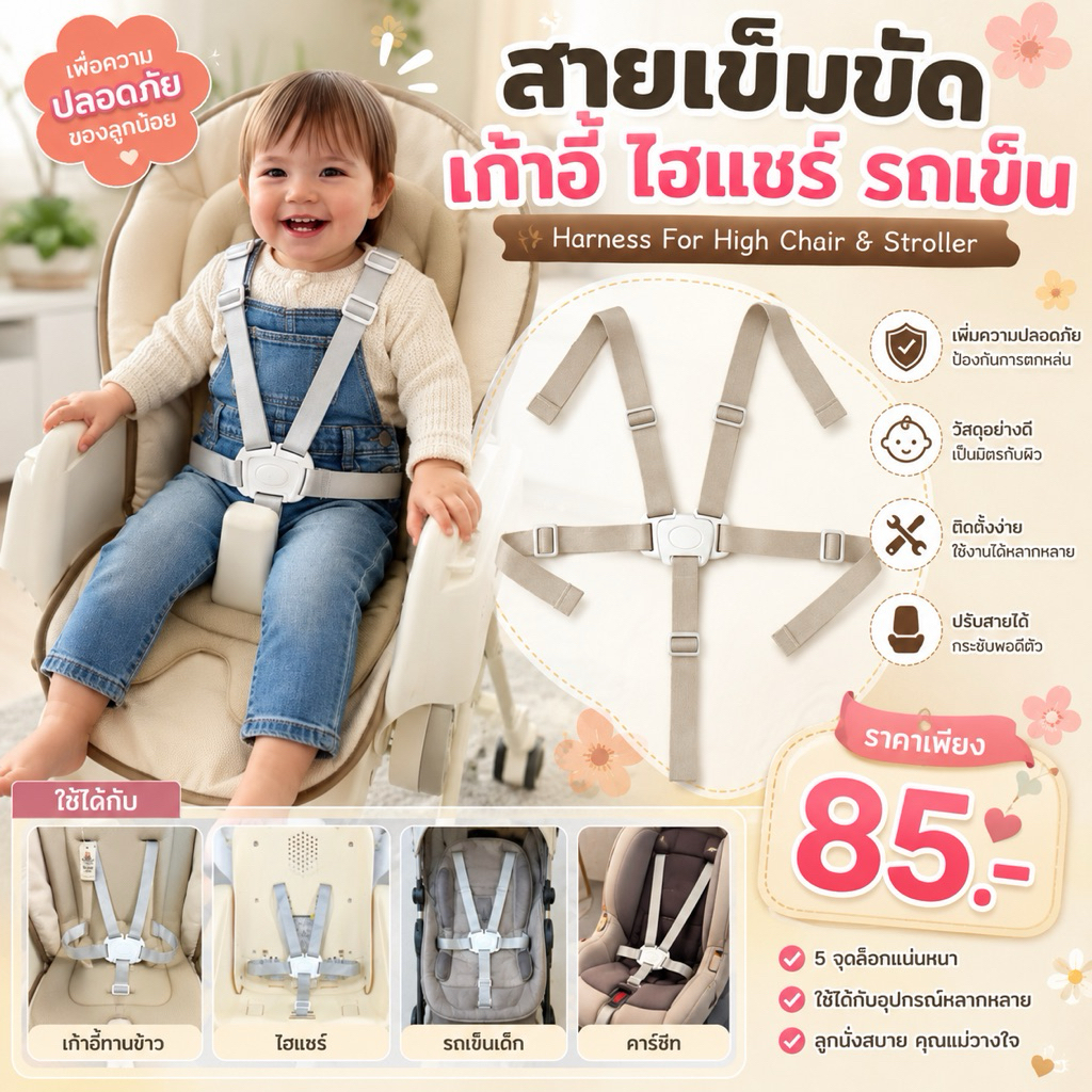 สายเข็มขัดนิรภัยสำหรับเก้าอี้ไฮแชร์ สายรัดไฮแชร์ สายล็อกเด็ก 5 จุด ใช้กับไฮแชร์/รถเข็นเด็ก High Chair Harness
