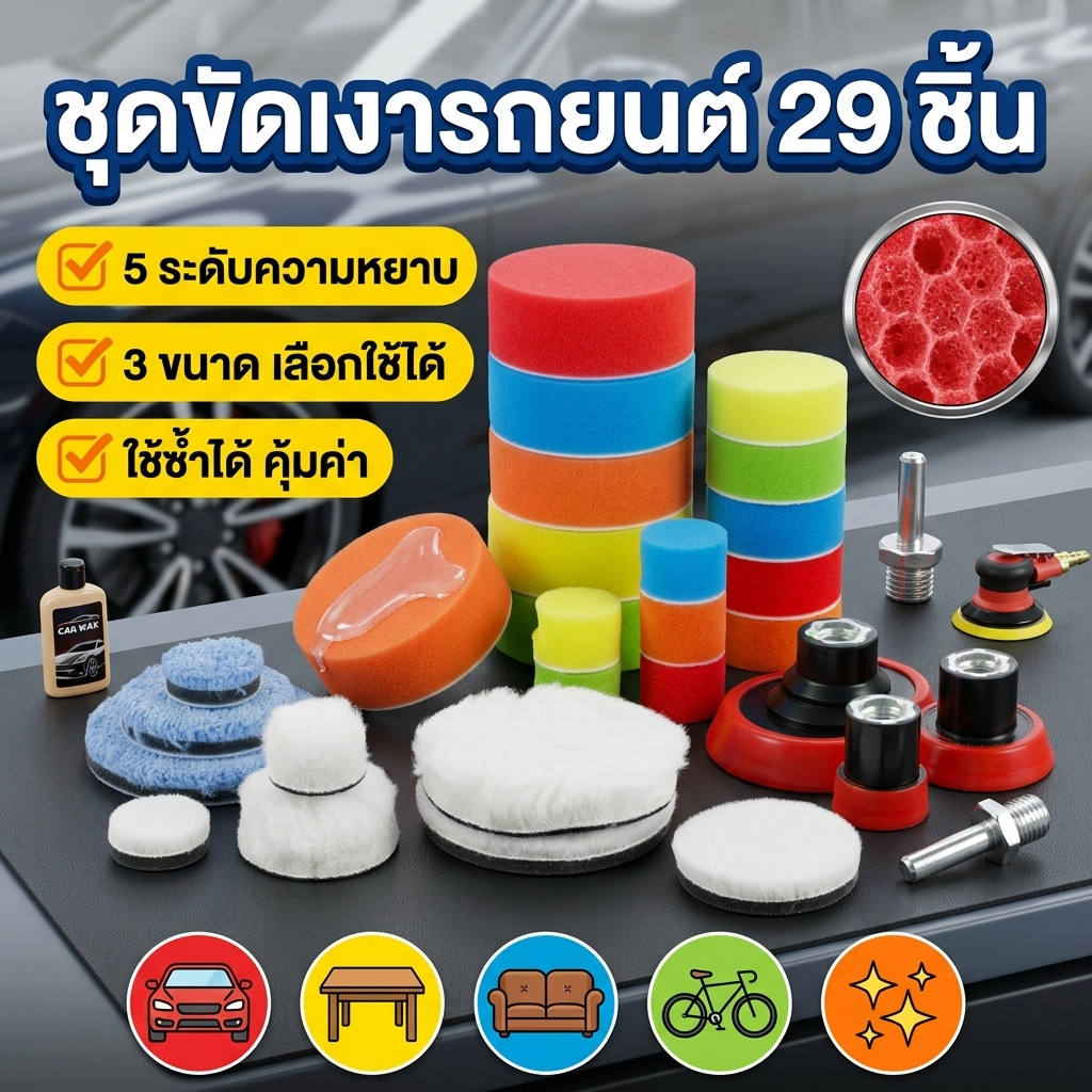 29 ชิ้นชุดขัด 1/2/3 นิ้ว Anti-scratch Buffing Pad ล้างทำความสะอาดได้ฟองน้ำขัดรถเครื่องมือขัด