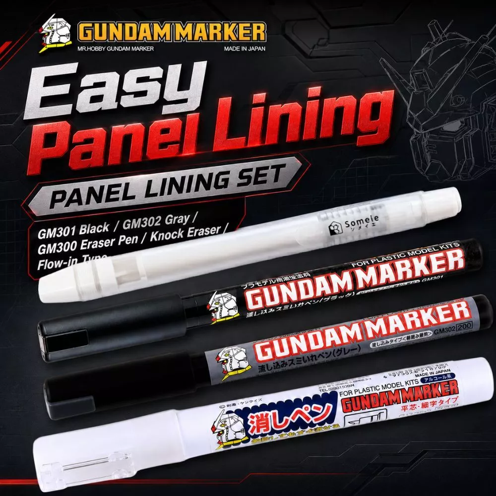 GSI Creos Gundam Marker Panel Liner GM301 สีดำ GM302 สีเทา พร้อมยางลบ GM300 ของแท้