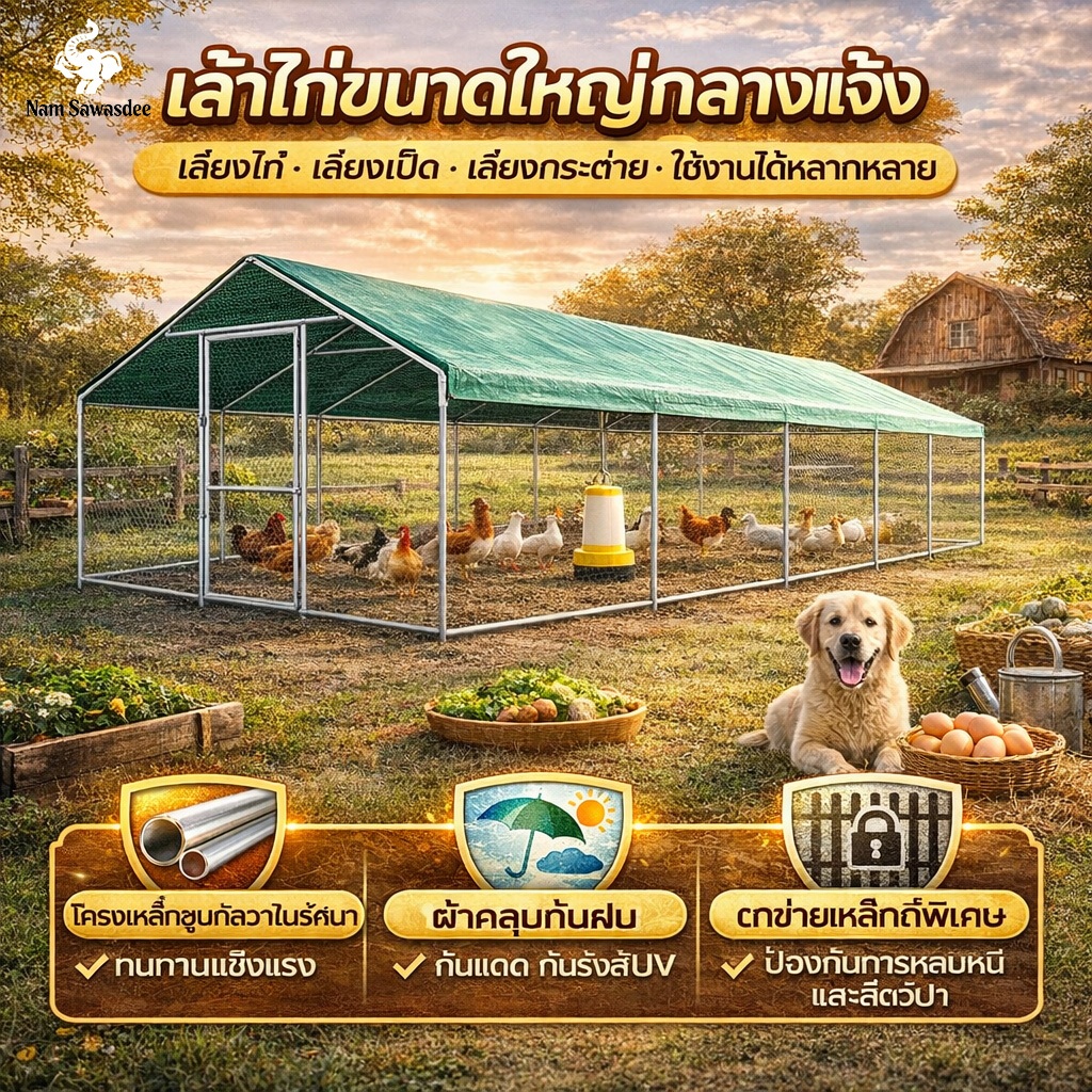 กรงเลี้ยงสัตว์ขนาดใหญ่ โครงเหล็กกันสนิม ผ้าคลุมPVC กันน้ำกันแดด แข็งแรง ใช้เลี้ยงไก่ เป็ด กระต่าย สุนัข