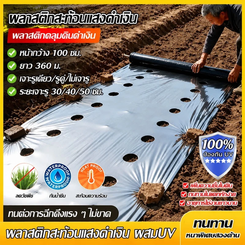 🌱พลาสติกคลุมดิน 1ม.x360ม ดำเงิน ผสมUV พลาสติกคลุมแปลง ผ้ายางคลุมดิน กันวัชพืช ปลูกผัก ผ้ายางคลุมวัชพืช