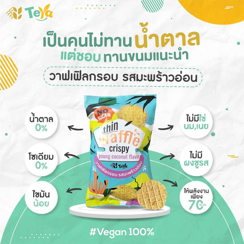 TeYa เตย่า วาฟเฟิลกรอบ รสมะพร้าวอ่อน วีแกน ขนมคลีน ไม่น้ำตาล เบาหวานกินได้ ความดันกินได้ กลูเตนฟรี แคลต่ำ โซเดียมต่ำ หวา