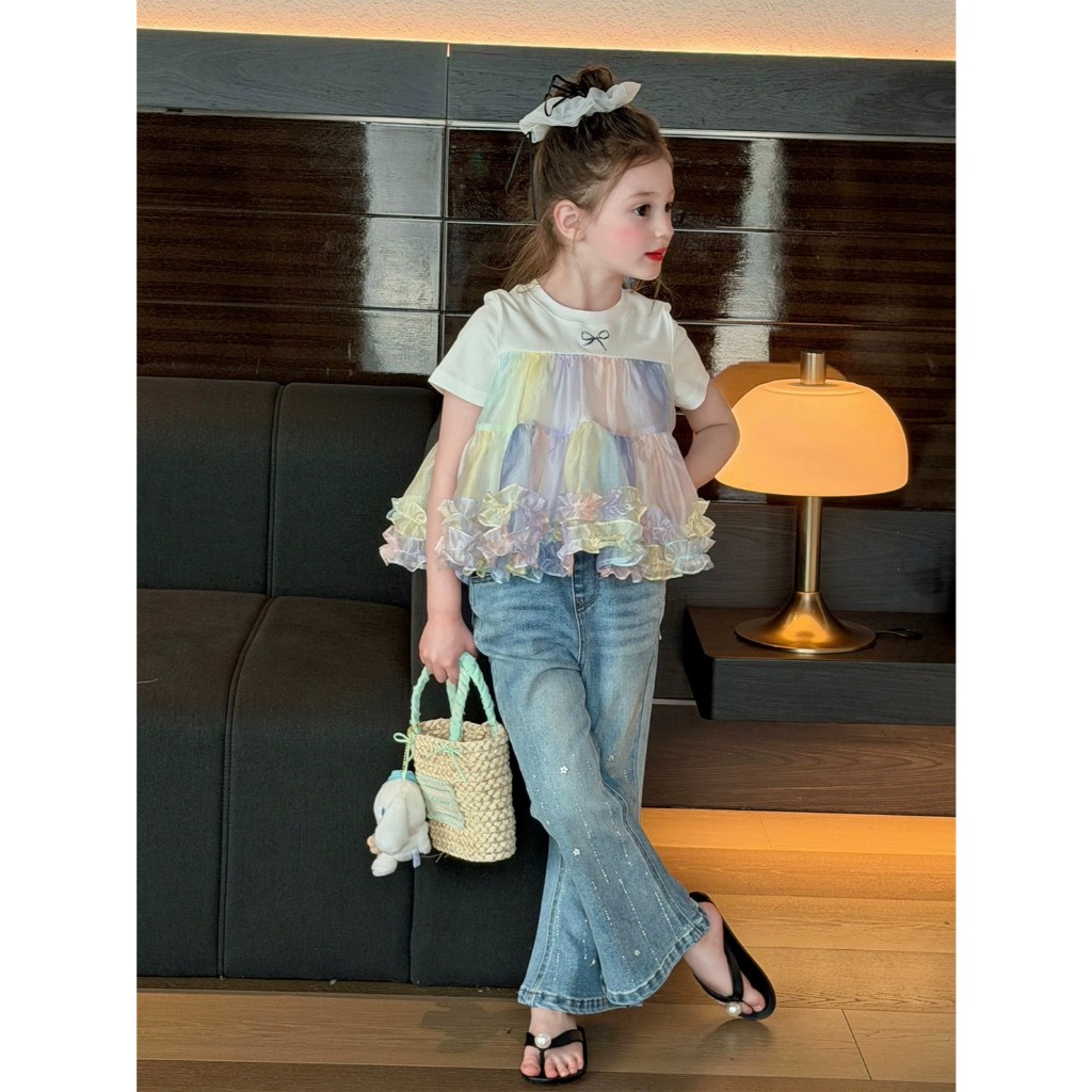 BB326 ชุดเด็กผู้หญิง เสื้อระบายสีรุ้งพาสเทล กางเกงยีนส์ขาบาน