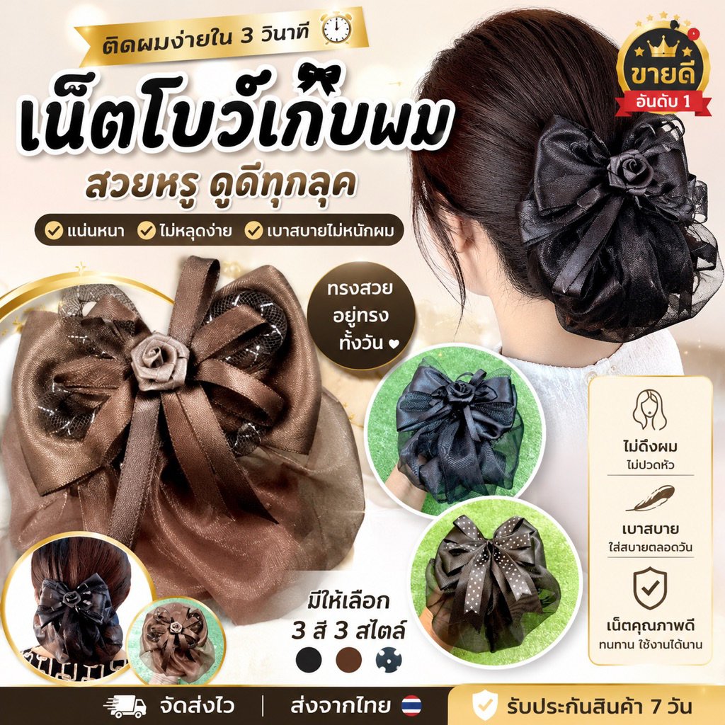 เน็ตเก็บผมสีดำ เน็ทโบว์ดำใหญ่ เน็ตผม