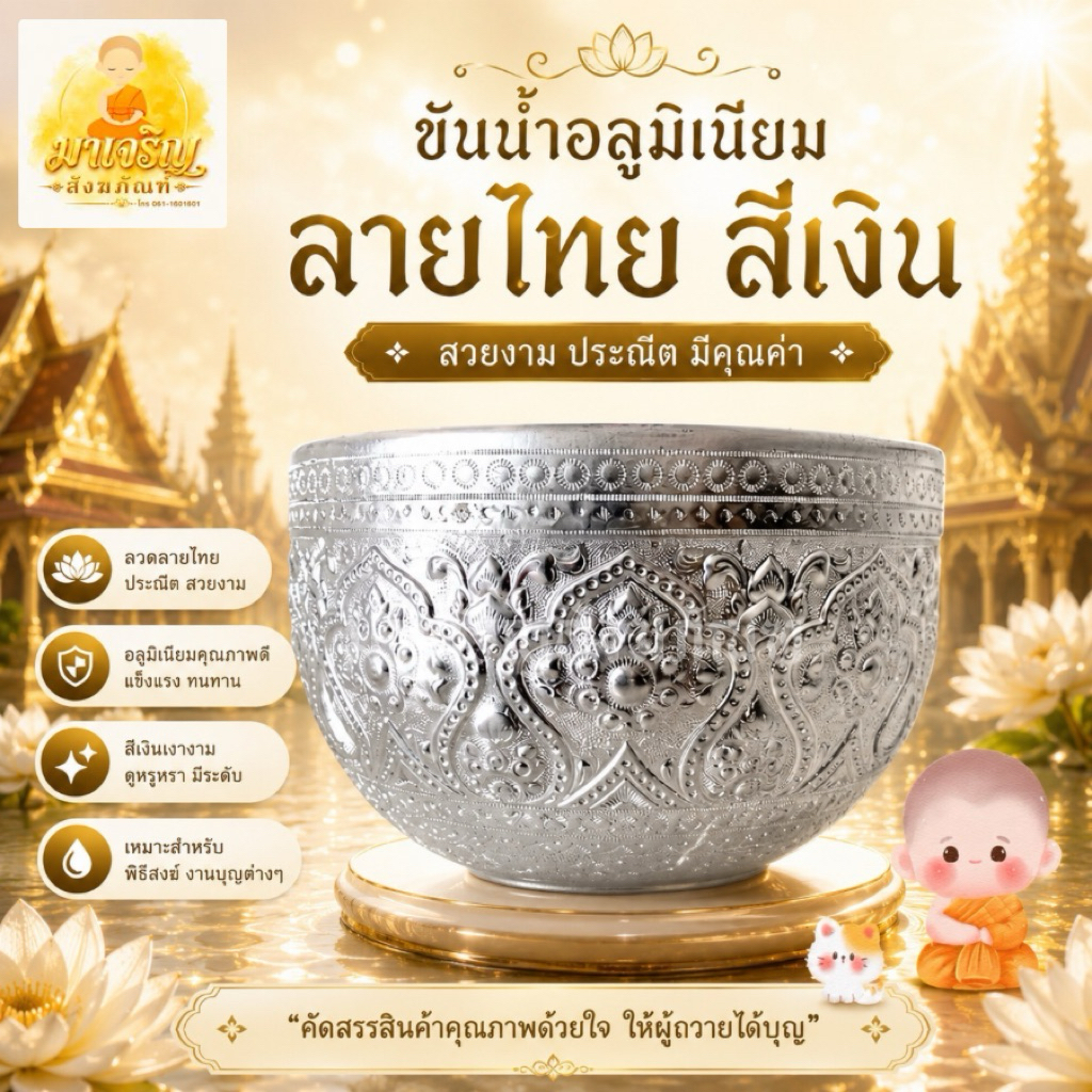 ขันน้ำอลูมิเนียมลายไทย สีเงิน (บรรจุ 1 ใบ)