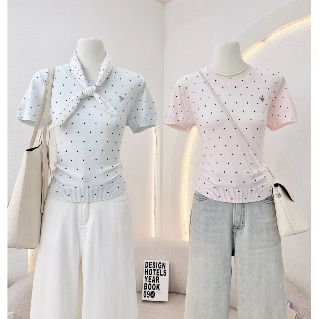 WA YA เสื้อยืดคอกลมไหมพรม พิมพ์ลายจุด