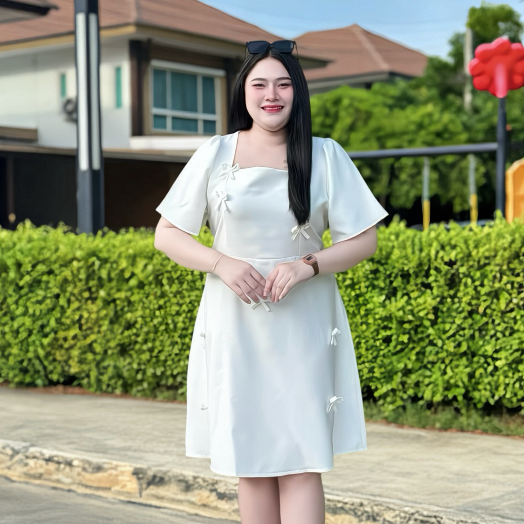 S153เดรสคอเหลี่ยมแต่งโบว์ ด้านหลังมียางสม็อค&มีโบว์ผูก รูปที่ 3
