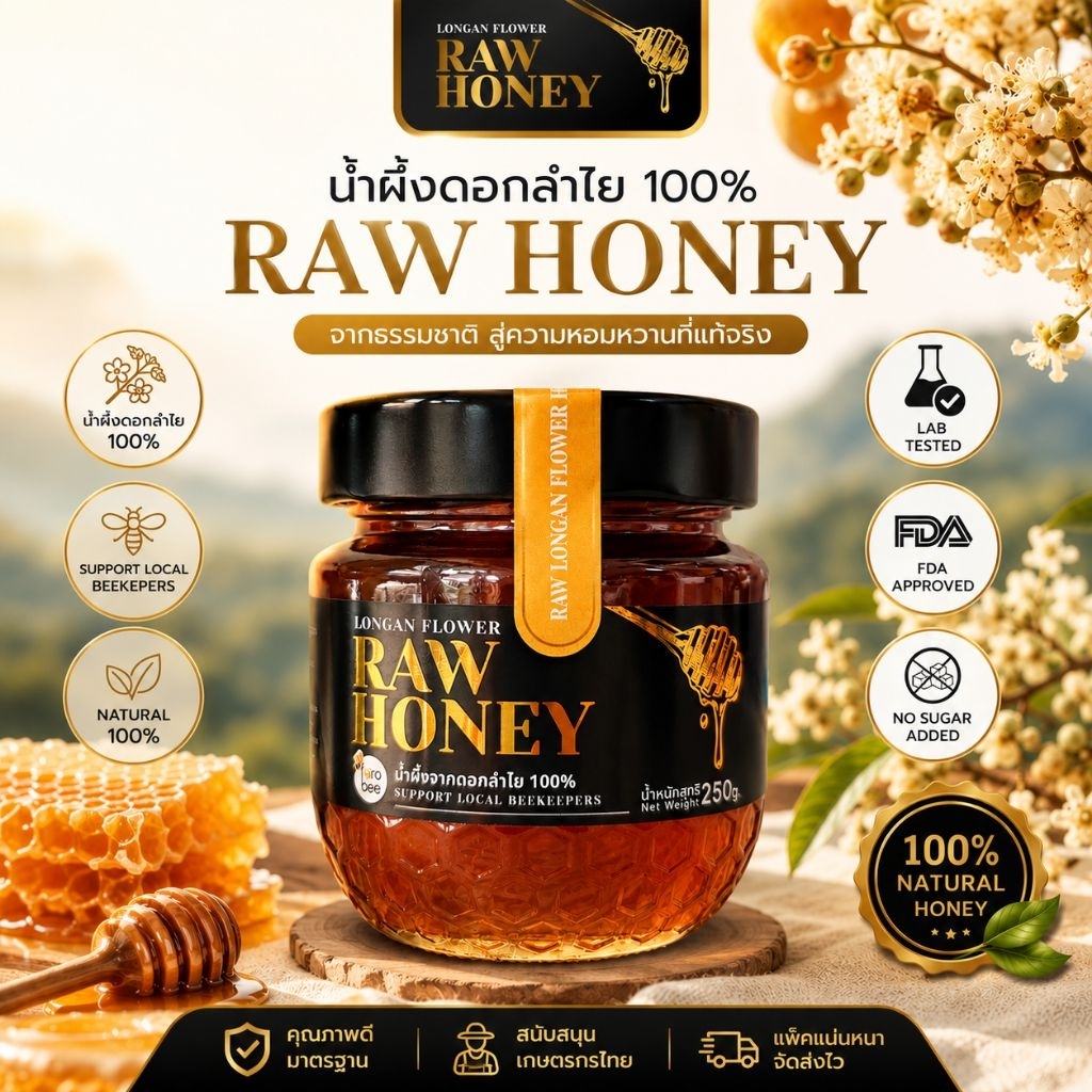 Raw Honey - No heat treat - No sugar - Lab tested / น้ำผึ้งแท้ ดอกลำไย 100% มี อย.
