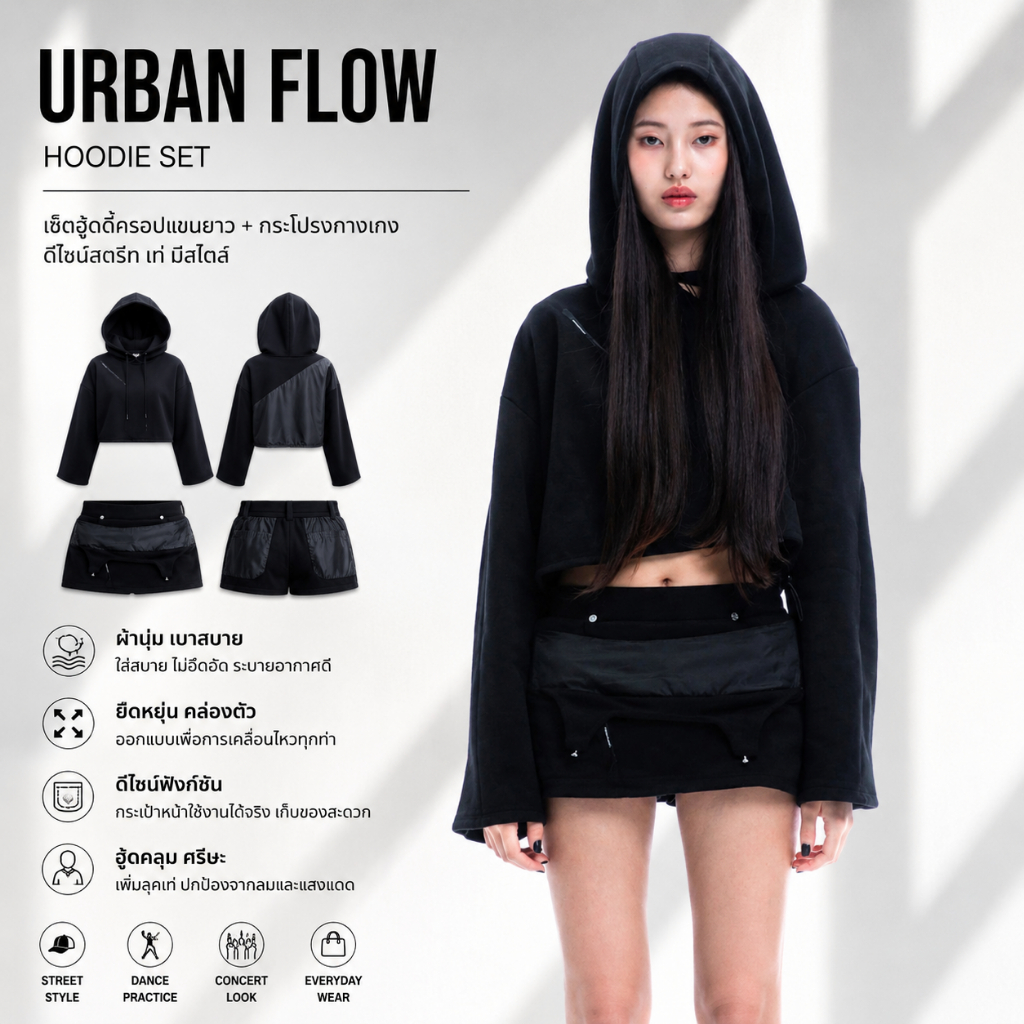 ชุดเซตสตรีท THEREDTHREAD เสื้อฮู้ดครอปแขนยาว คู่กางเกงขาสั้นสีดำ เสื้อฮู้ดครอป กระโปรงกางเกงขาสั้น