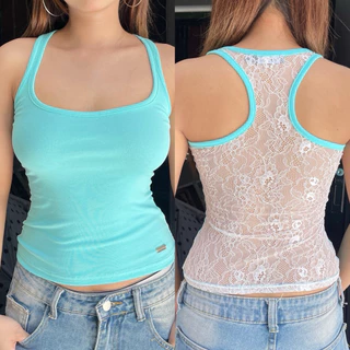 Buarchom—(BCM003)เสื้อกล้าม+หลังลูกไม้ซีทรู เข้ารูปเอวสับ ผ้าคอตตอน Spendex พรีเมียม สีพื้น ไม่ย้วย ลูกไม้นิ่ม ไม่คัน