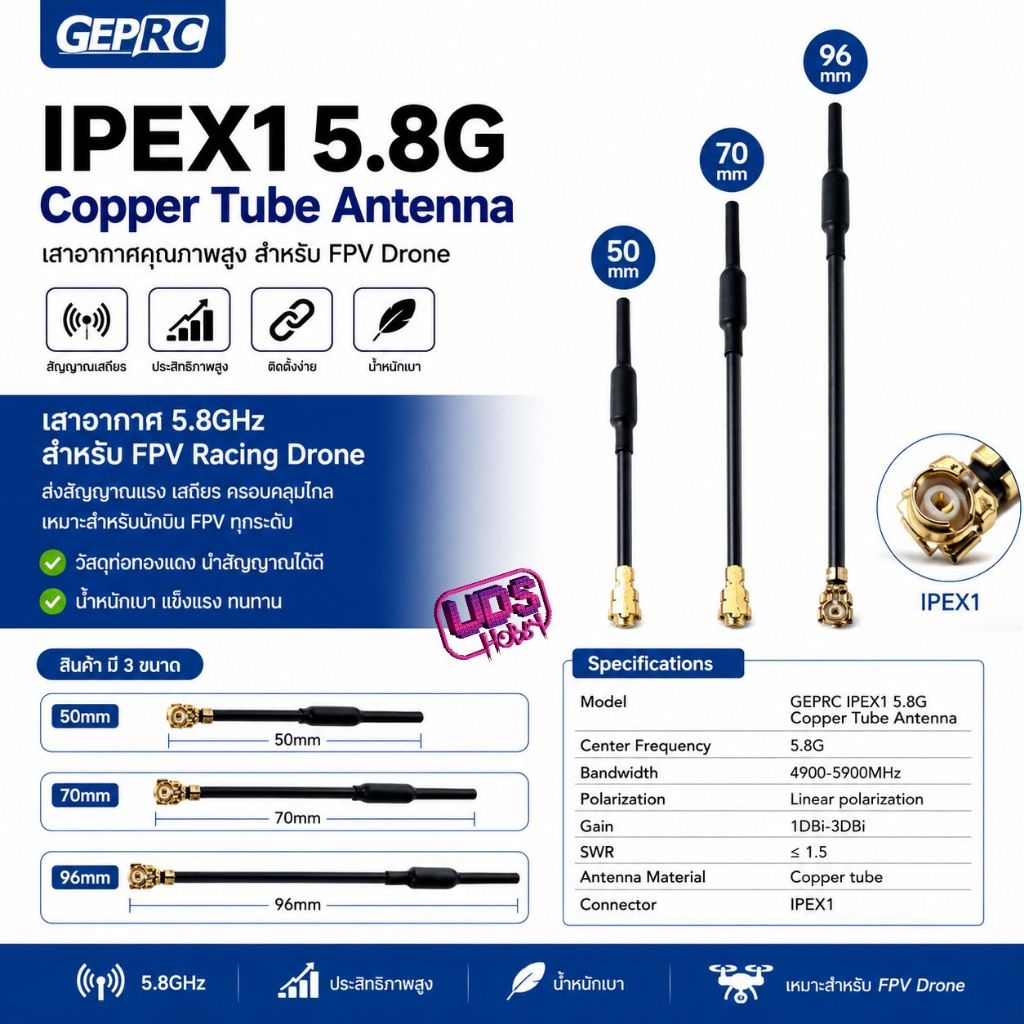 [เสาอากาศ] GEPRC IPEX 5.8G Copper Tube Antenna เสาส่งภาพ  50mm 70mm 96mm  ราคาต่อ 1เส้น
