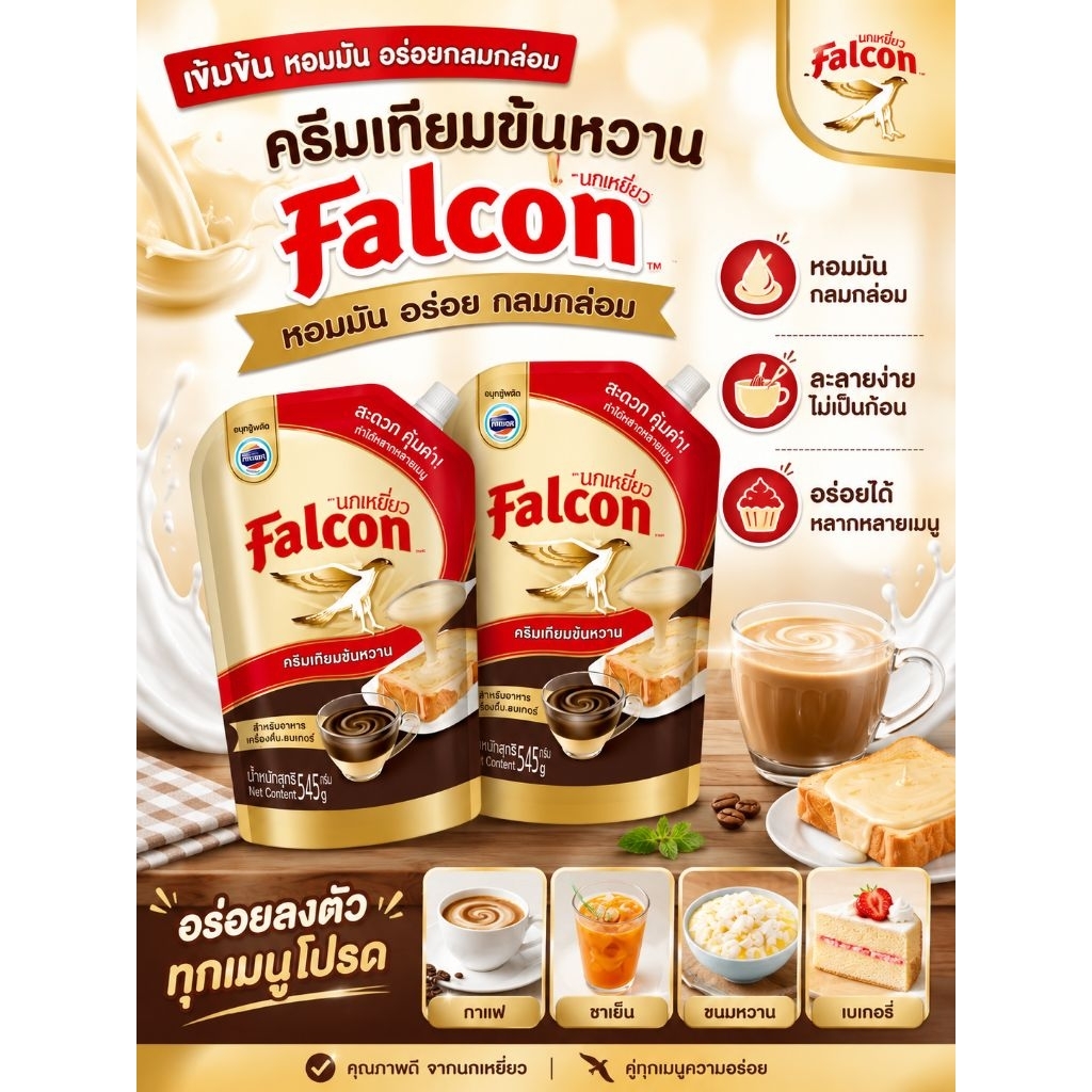 ยกลัง 8 ถุง Falcon นกเหยี่ยว ครีมเทียมข้นหวาน นมข้น ถุงละ 2kg