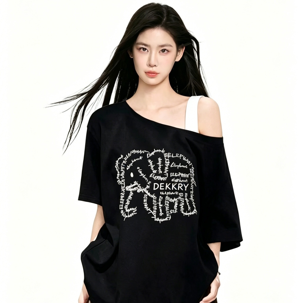 COD-เสื้อยืดผู้หญิง-ไหล่ผึ่งไหล่หลุด-สุภาพบุรุษเกาหลี-แนวโน้ม-ความรู้สึกการออกแบบ-พิมพ์ลายช้าง-เสื้อยืดประจำวัน