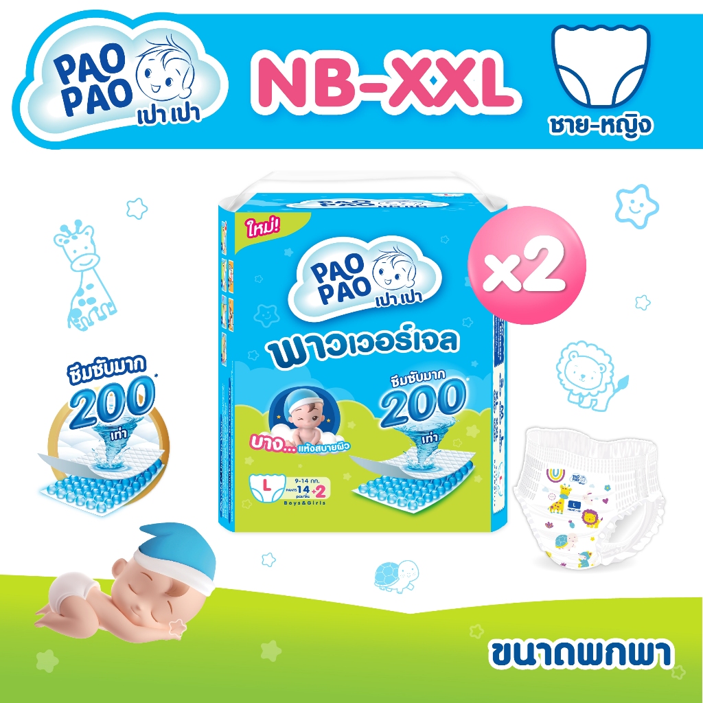 [ขนาดพกพา 2 แพ็ค] PAOPAO เปาเปา ผ้าอ้อมเด็ก - บาง ซึมไว ใส่สบายไม่ตุงก้น ด้วยพาวเวอร์เจล Size NB-XXL