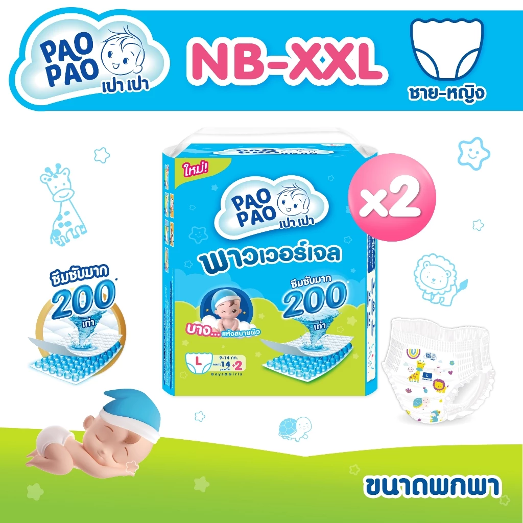 [ขนาดพกพา 2 แพ็ค] PAOPAO เปาเปา ผ้าอ้อมเด็ก - บาง ซึมไว ใส่สบายไม่ตุงก้น ด้วยพาวเวอร์เจล Size NB-XXL