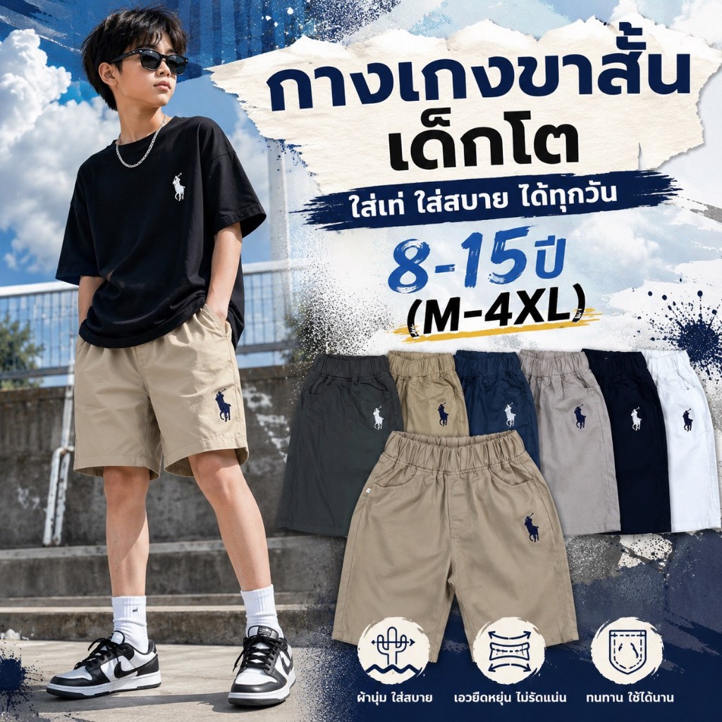 กางเกงขาสั้นปักHMเด็กโต8-15ปีผ้าดีใส่สบาย